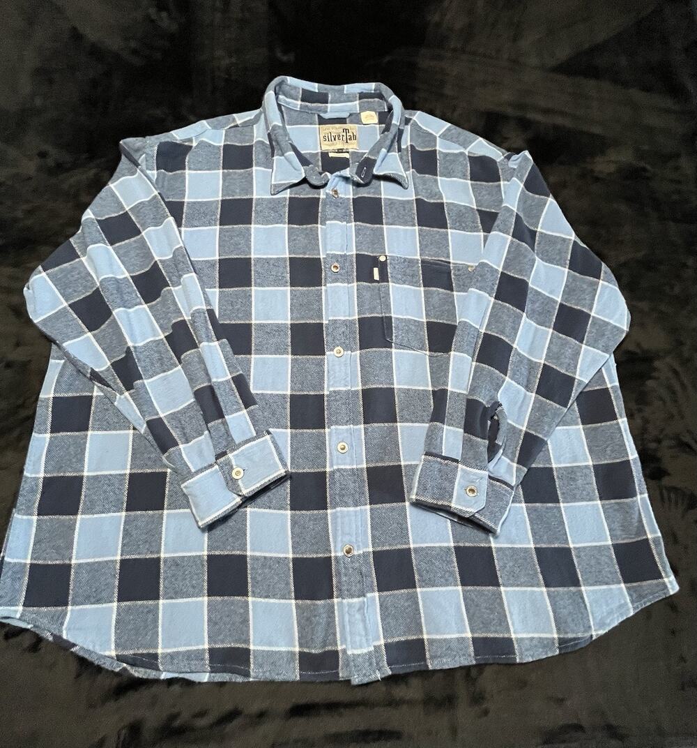 Levis SilverTab Oversized Flannel Shirt Mens XXL Blue Plaid Button Front